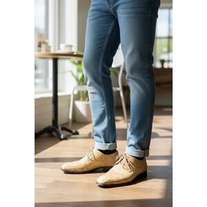 Domani Men’s Loafers Size 7.5 – Beige Croc Embossed Leather Dress Shoes